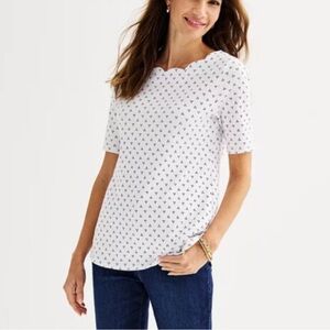 Croft and Barrow white and black dot print scalloped boat neckline women’s PL